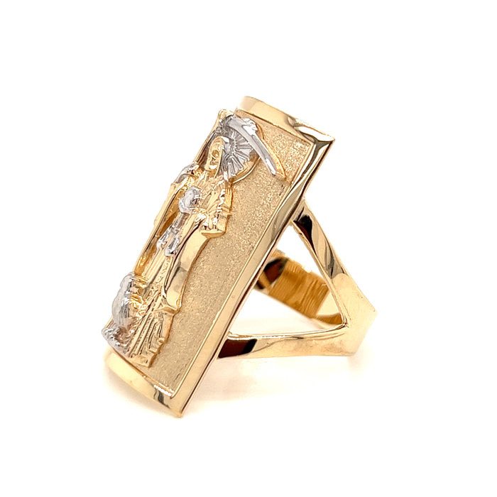 14k Gold Large Santa Muerte Ring with Money Bag and White Gold Halo