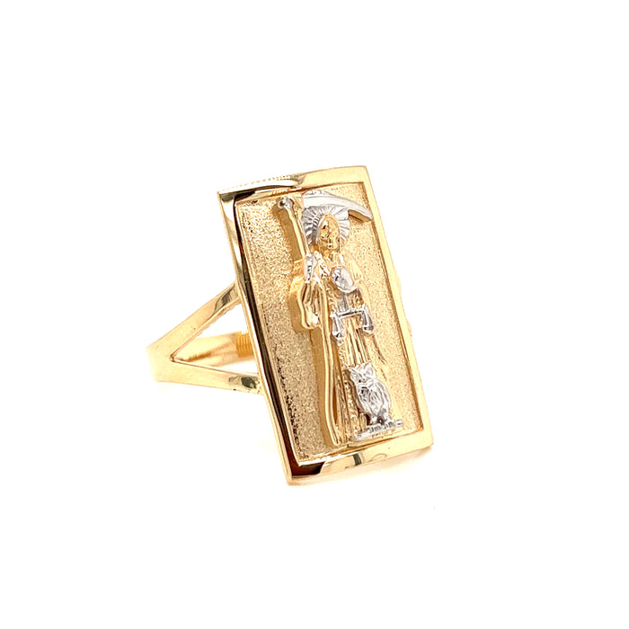 14k Gold Santa Muerte Ring with Money Bag and White Gold Halo