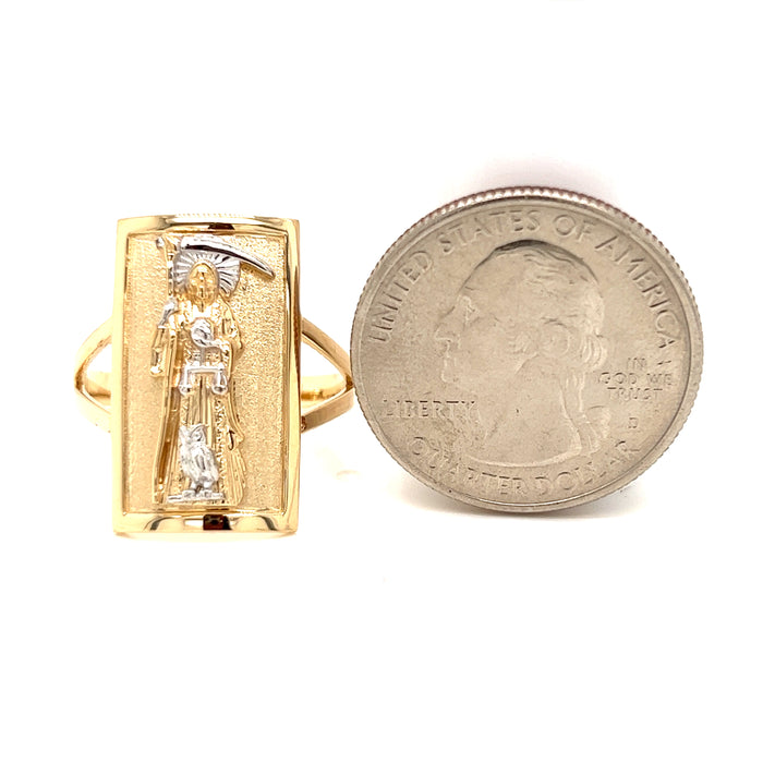 14k Gold Santa Muerte Ring with Money Bag and White Gold Halo