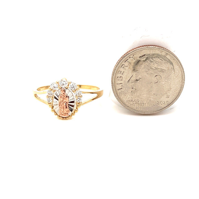 14k Gold Virgin Mary Ring with Gemstone Top Arch