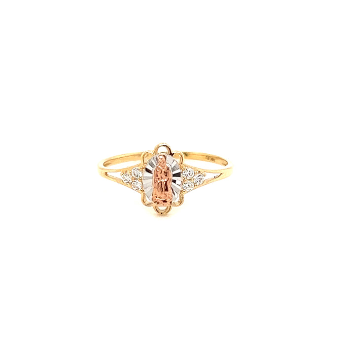 14k Gold Virgin Mary Ring with White Gold Brilliant Background and Side Gemstones