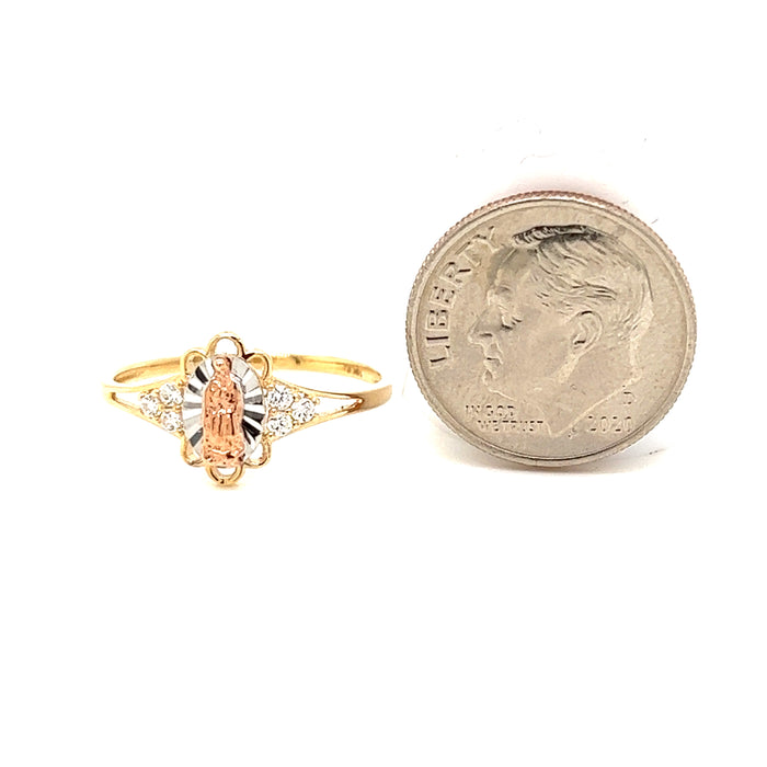 14k Gold Virgin Mary Ring with White Gold Brilliant Background and Side Gemstones