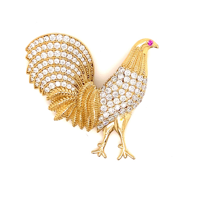 14k Gold Rooster Pendant with Gemstone Wings