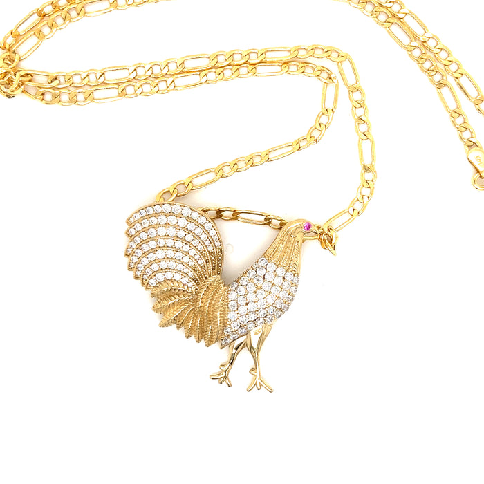 14k Gold Rooster Pendant with Gemstone Wings