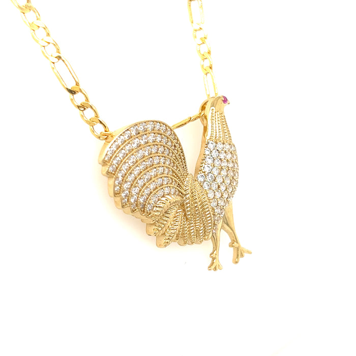 14k Gold Rooster Pendant with Gemstone Wings