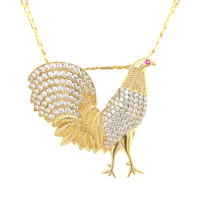 14k Gemstone Rooster Pendant with Figaro Chain