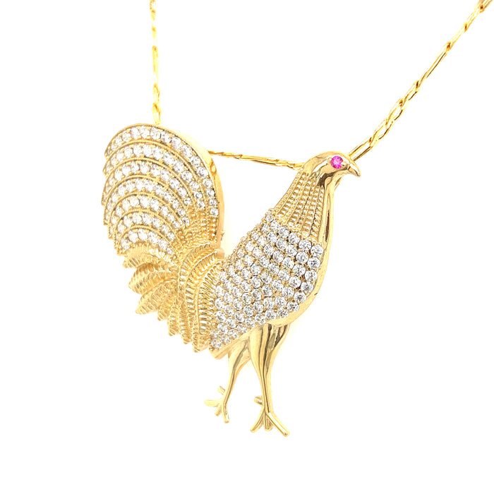 14k Gemstone Rooster Pendant with Figaro Chain