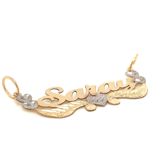 14k Custom Gold Name Necklace with White Gold Double Side Hearts and Figaro Necklace
