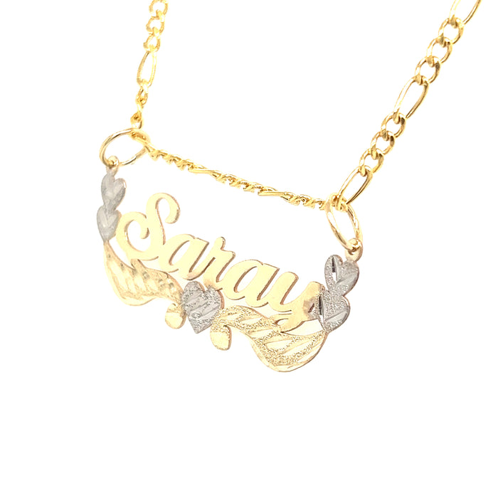 14k Custom Gold Name Necklace with White Gold Double Side Hearts and Figaro Necklace