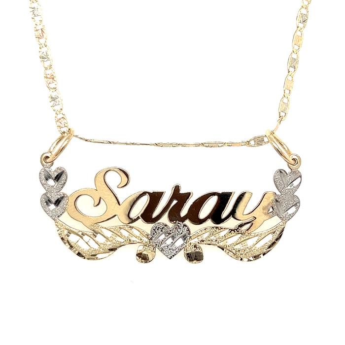 14k Custom Gold Name Necklace with White Gold Double Side Hearts and Valentino Necklace
