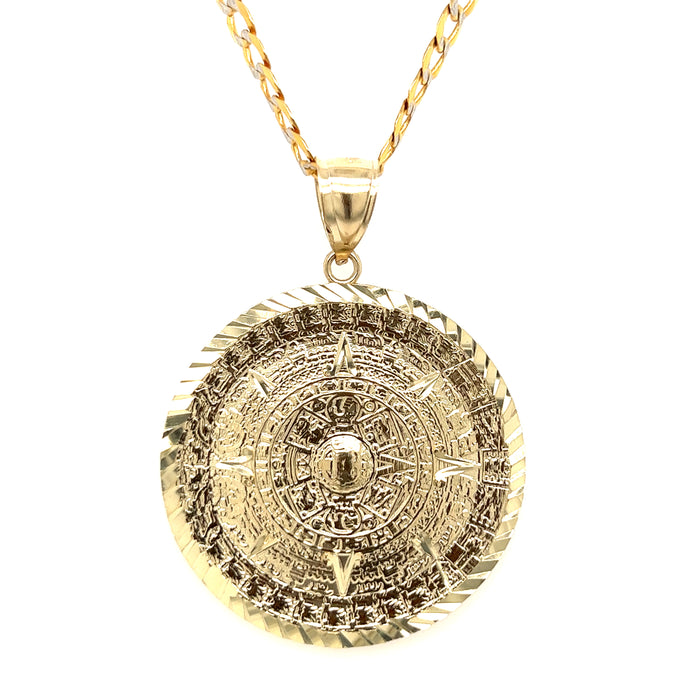 14k Gold Medium Aztec Calendar Pendant with Cuban Link Chain