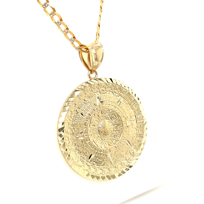 14k Gold Medium Aztec Calendar Pendant with Cuban Link Chain