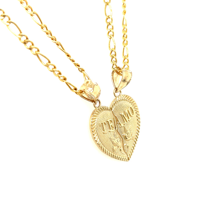 14k Large Break Apart Gold Heart Pendant with Figaro Necklaces