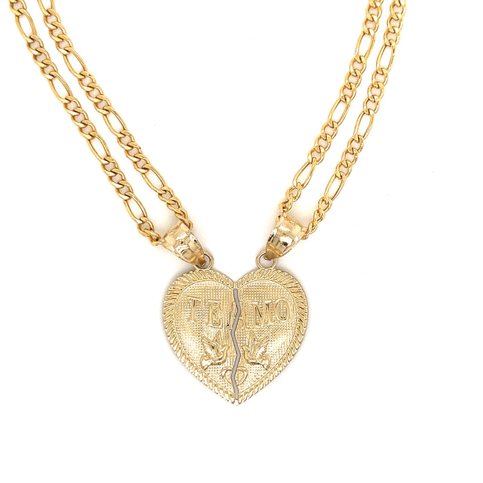 14k Large Break Apart Gold Heart Pendant with Figaro Necklaces