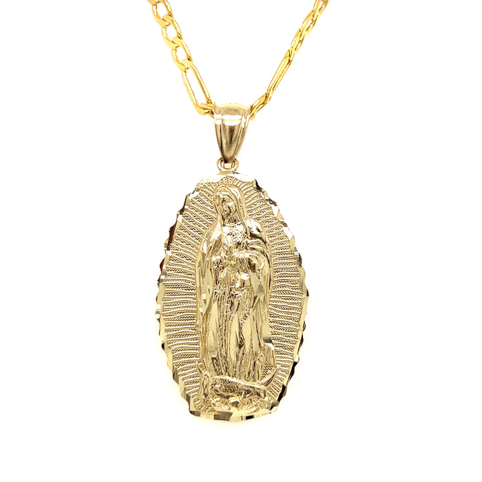 14k Large Gold Virgin Mary Radiant Pendant with Figaro Necklace