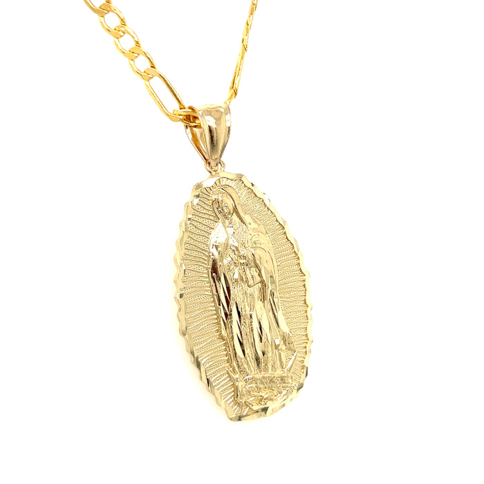 14k Large Gold Virgin Mary Radiant Pendant with Figaro Necklace