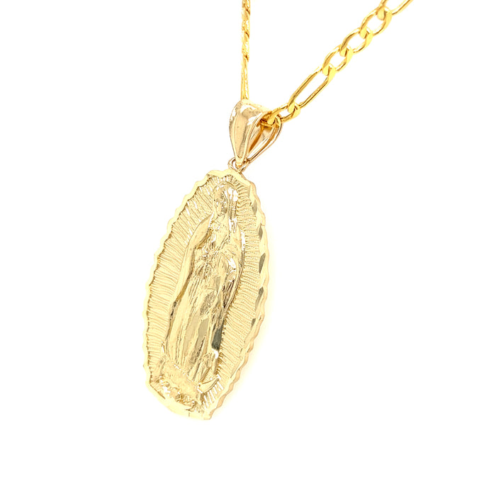 14k Large Gold Virgin Mary Radiant Pendant with Figaro Necklace