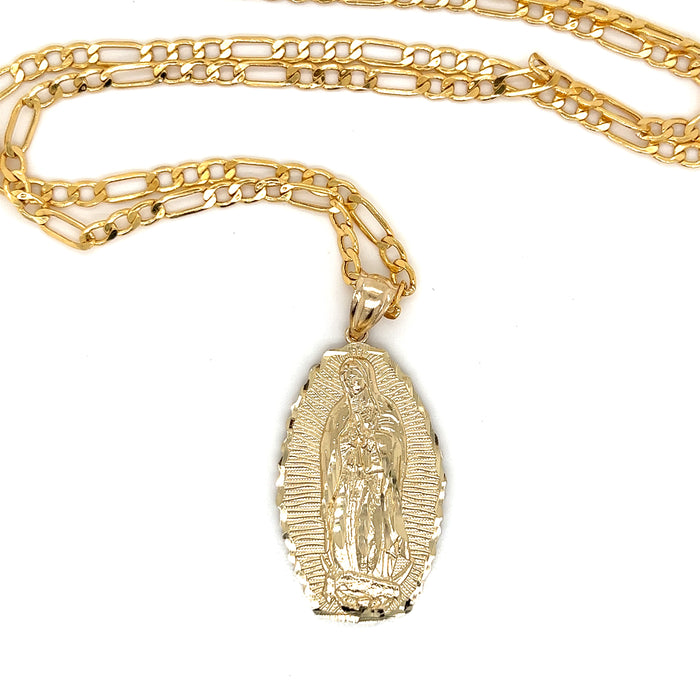 14k Large Gold Virgin Mary Radiant Pendant with Figaro Necklace