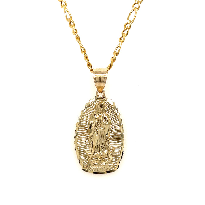 14k Medium Gold Virgin Mary Radiant Pendant with Figaro Necklace