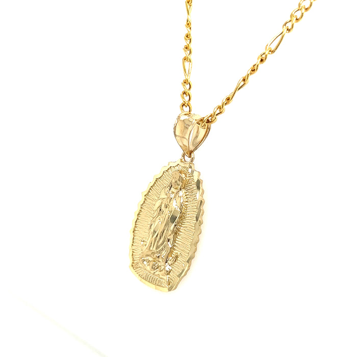 14k Medium Gold Virgin Mary Radiant Pendant with Figaro Necklace