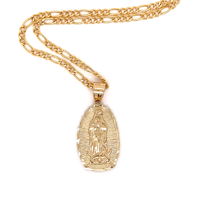 14k Medium Gold Virgin Mary Radiant Pendant with Figaro Necklace