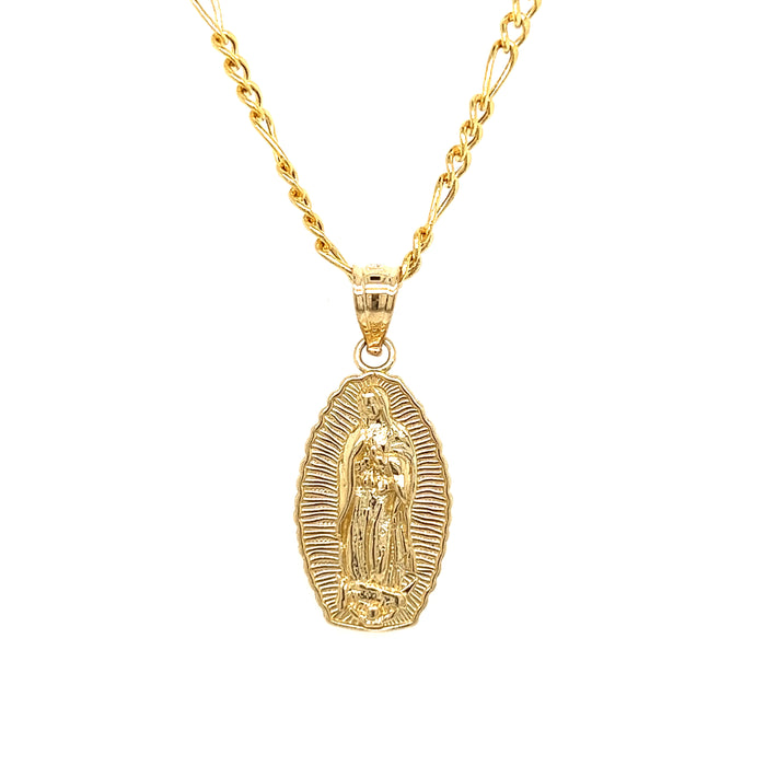 14k Gold Virgin Mary Radiant Pendant with Figaro Necklace