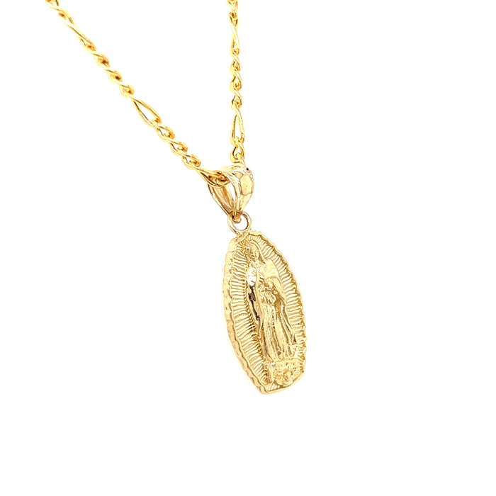 14k Gold Virgin Mary Radiant Pendant with Figaro Necklace