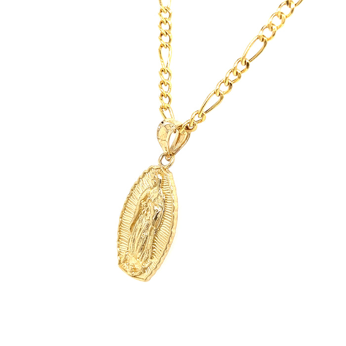 14k Gold Virgin Mary Radiant Pendant with Figaro Necklace