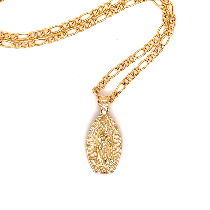 14k Gold Virgin Mary Radiant Pendant with Figaro Necklace