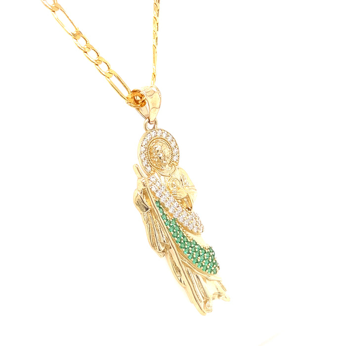 14k Large Gold San Judas Pendant with White and Green Gemstones and Figaro Chain