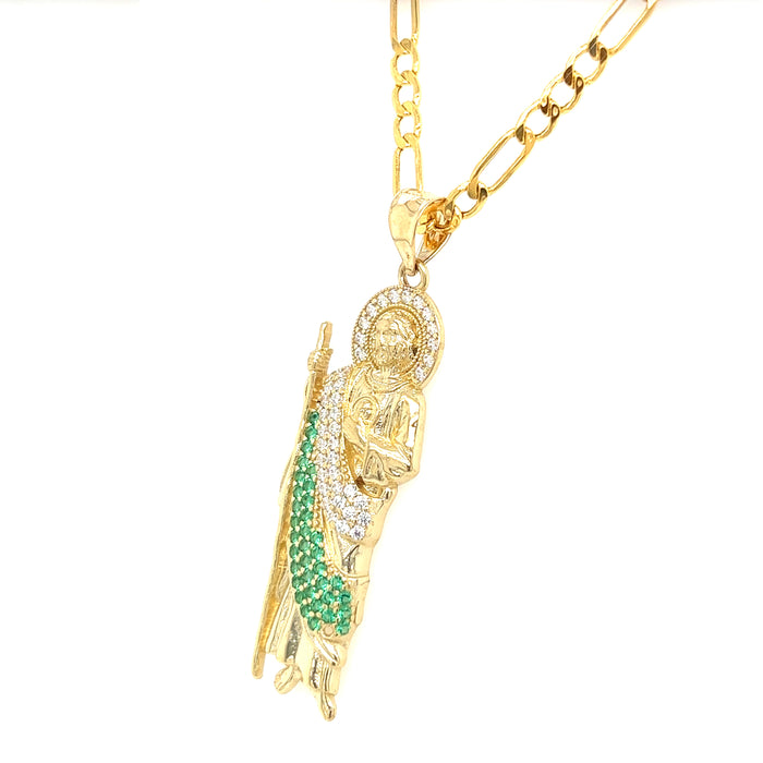 14k Large Gold San Judas Pendant with White and Green Gemstones and Figaro Chain