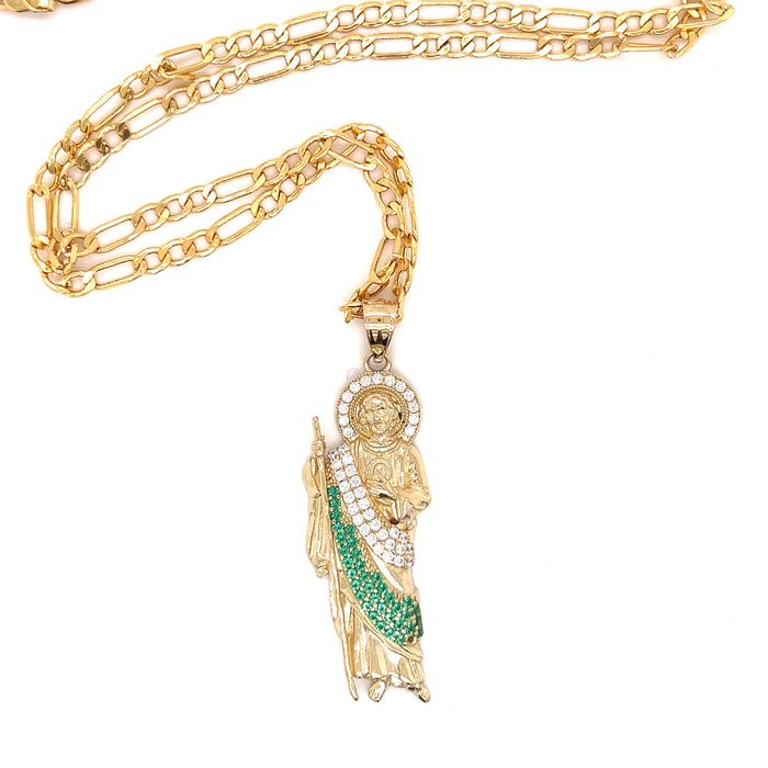 14k Large Gold San Judas Pendant with White and Green Gemstones and Figaro Chain