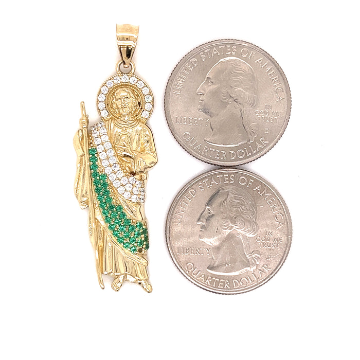 14k Large Gold San Judas Pendant with White and Green Gemstones and Figaro Chain