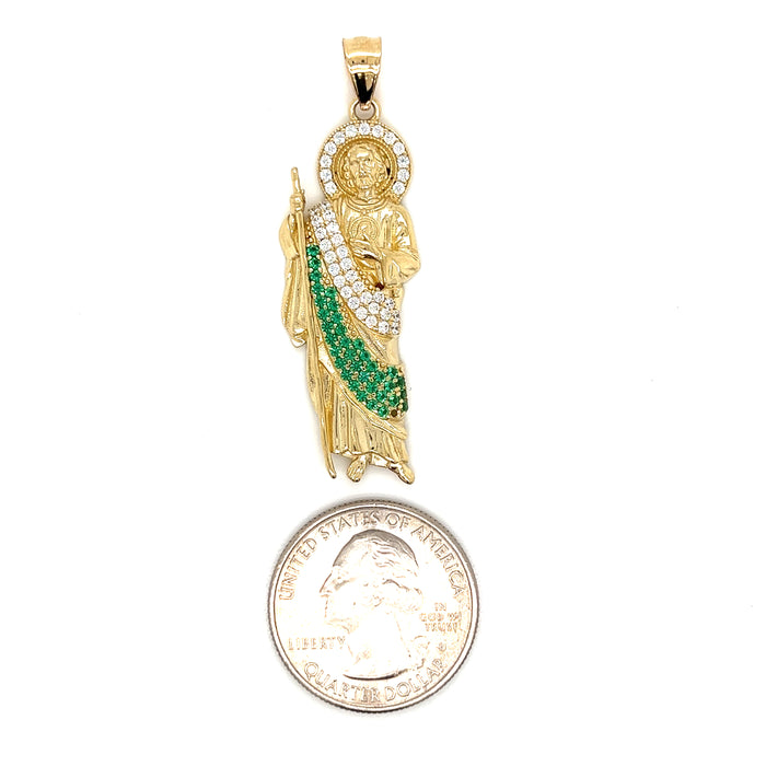 14k Large Gold San Judas Pendant with White and Green Gemstones and Figaro Chain