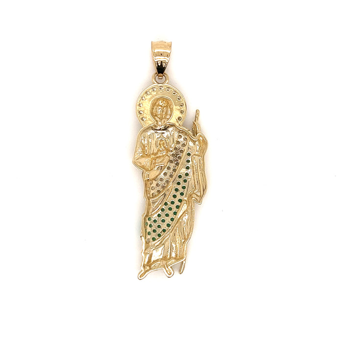 14k Large Gold San Judas Pendant with White and Green Gemstones and Figaro Chain