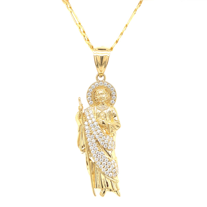 14k Medium Gold San Judas Pendant with Gemstones and Figaro Chain