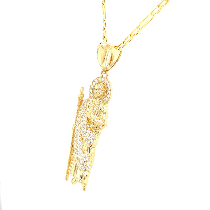 14k Medium Gold San Judas Pendant with Gemstones and Figaro Chain