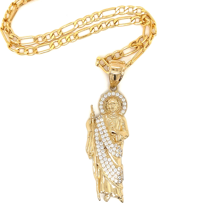 14k Medium Gold San Judas Pendant with Gemstones and Figaro Chain