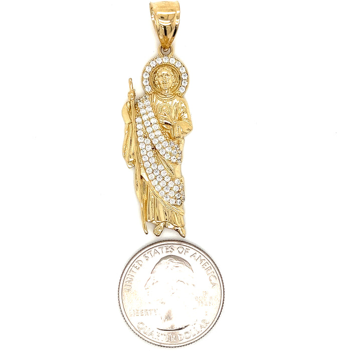 14k Medium Gold San Judas Pendant with Gemstones and Figaro Chain