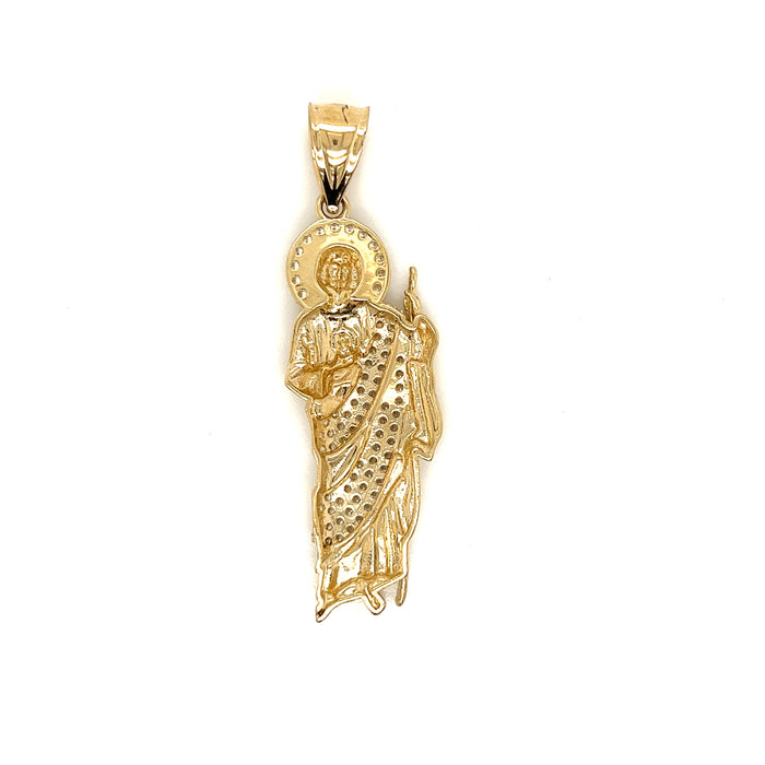 14k Medium Gold San Judas Pendant with Gemstones and Figaro Chain