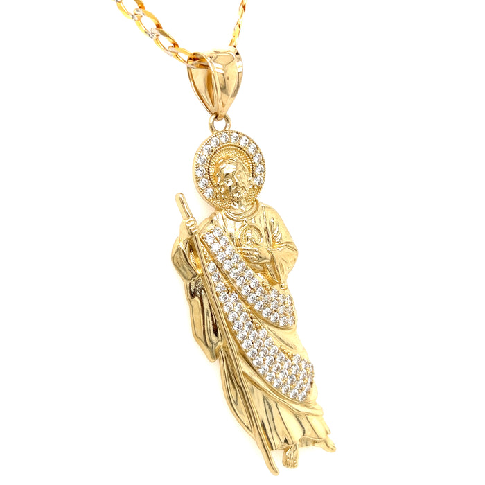 14k Large Gold San Judas Pendant with Gemstones and Cuban Link Chain