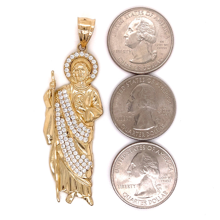 14k Large Gold San Judas Pendant with Gemstones and Cuban Link Chain