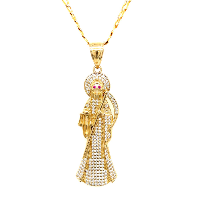 14k Gold Santa Muerte with Gemstones and Cuban Link Chain