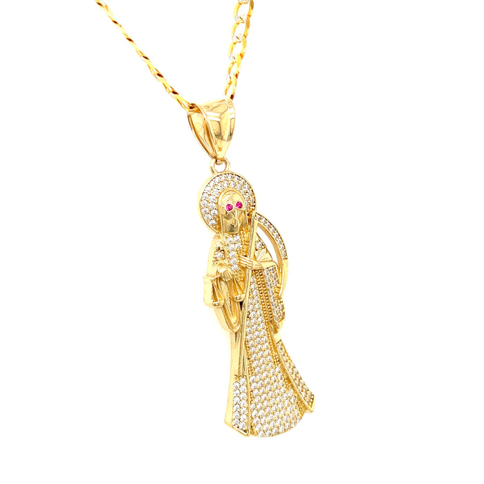 14k Gold Santa Muerte with Gemstones and Cuban Link Chain