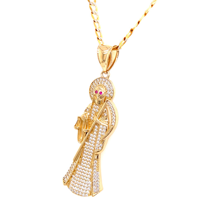 14k Gold Santa Muerte with Gemstones and Cuban Link Chain