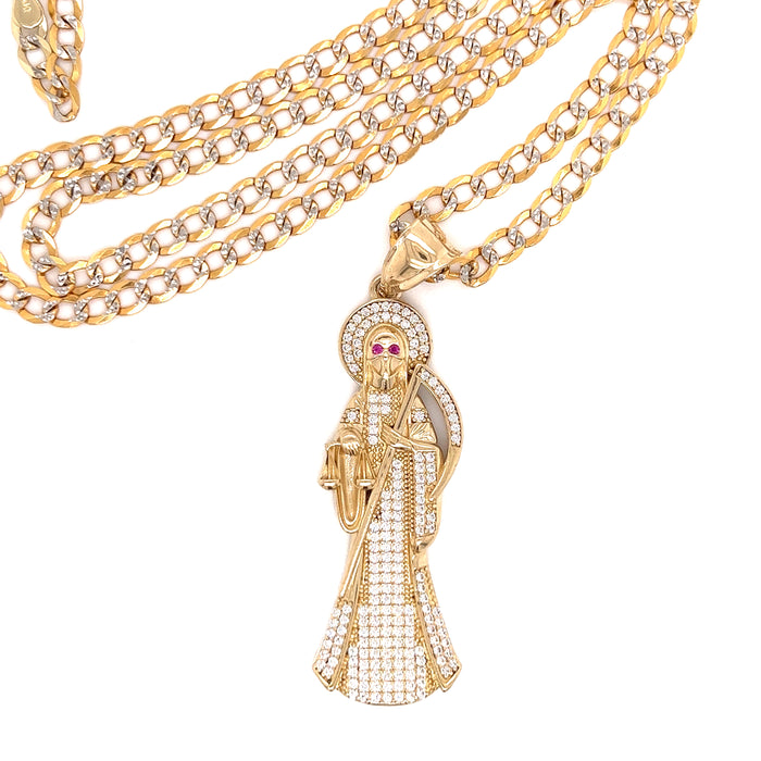 14k Gold Santa Muerte with Gemstones and Cuban Link Chain