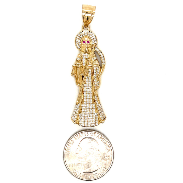 14k Gold Santa Muerte with Gemstones and Cuban Link Chain