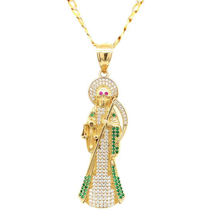 14k Gold Santa Muerte with White and Green Gemstones and Cuban Link Chain