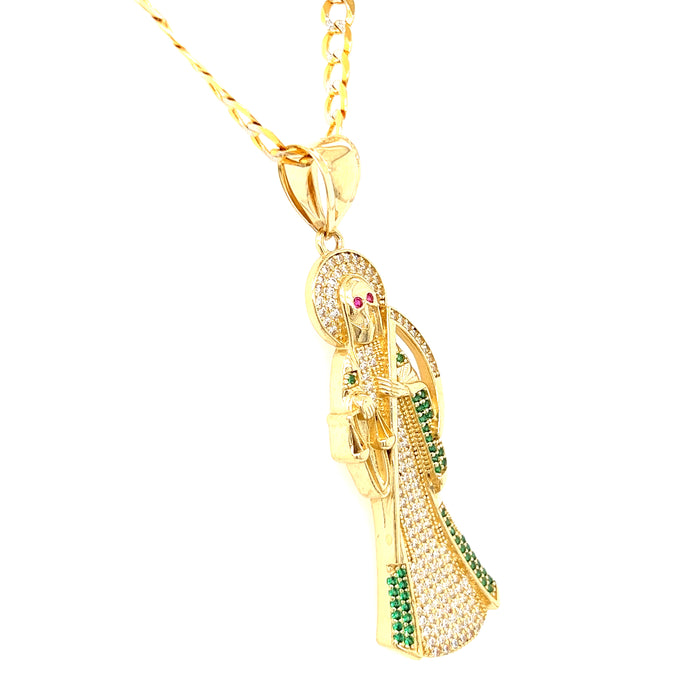 14k Gold Santa Muerte with White and Green Gemstones and Cuban Link Chain