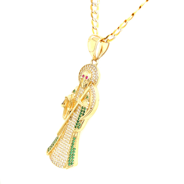 14k Gold Santa Muerte with White and Green Gemstones and Cuban Link Chain